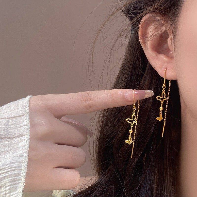 新款18k黄金色碎碎冰镂空蝴蝶流苏耳线女小众设计感甜美优雅耳环