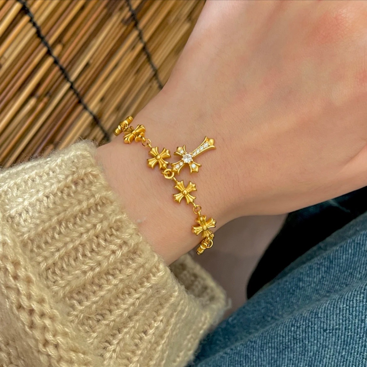 克罗金色十字架手链女