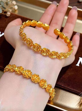 复古玫瑰花环开口沙金手镯