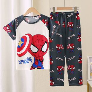 薄款 儿童睡衣夏季 卡通蜘蛛侠男孩套装 长裤 空调服家居服两件套 短袖