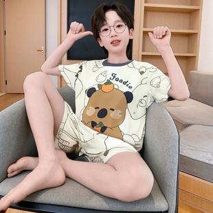 儿童睡衣男孩短袖夏天冰丝薄款卡皮巴拉卡通可爱家居服中大童套装