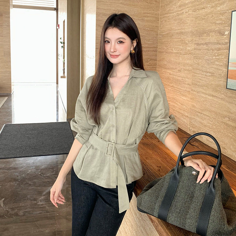 法式收腰衬衫女秋季薄款V领POLO领腰带显瘦衬衣气质长袖上衣