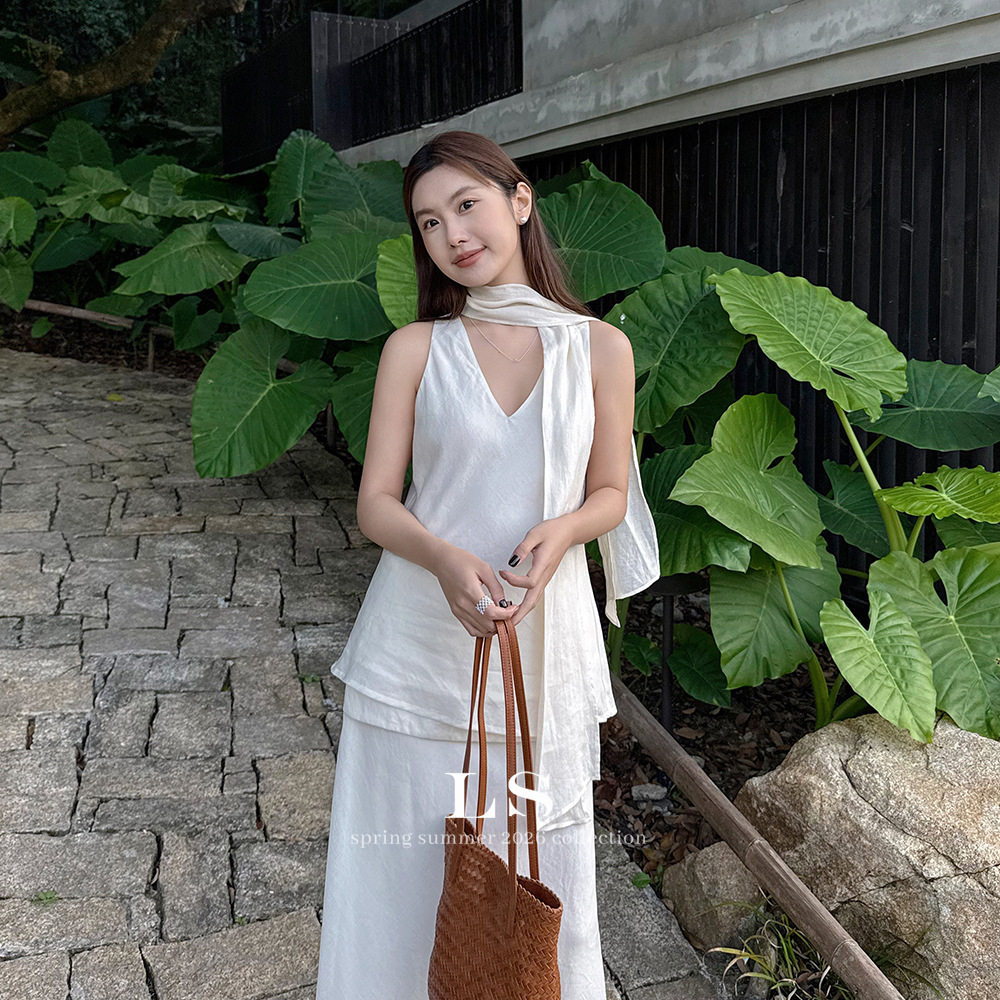 韩系亚麻无袖V领上衣阔腿裤套装女夏气质飘带围脖三件套穿送女友