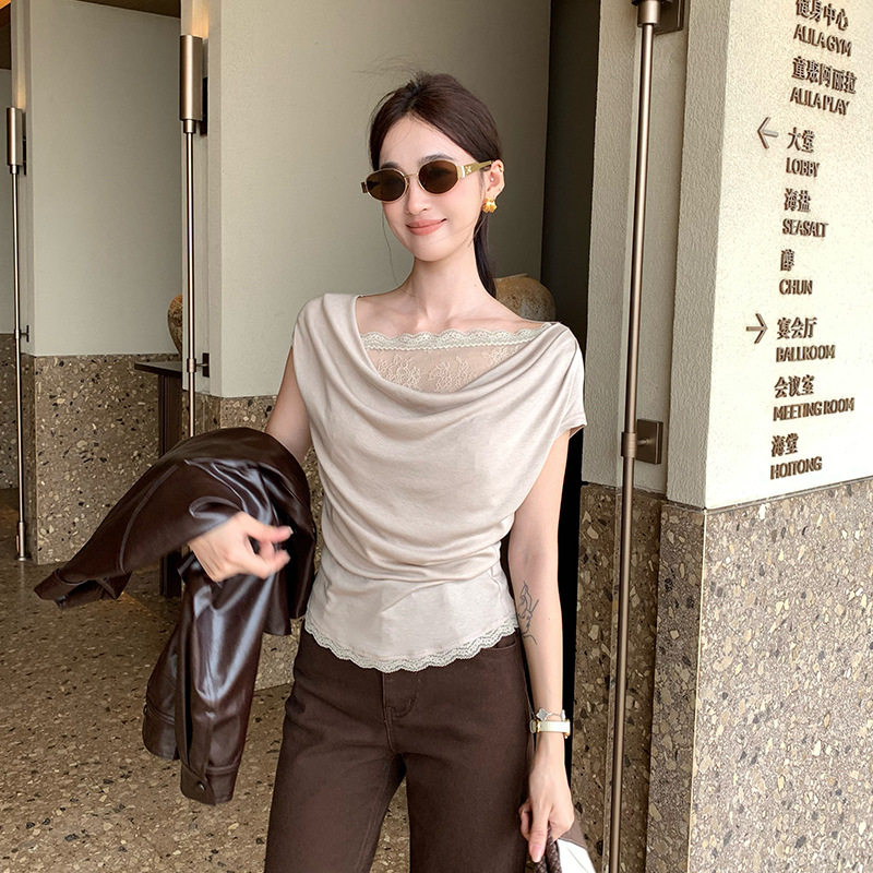 早秋荡领蕾丝拼接无袖上衣女修身褶皱收腰背心气质内搭打底衫老婆