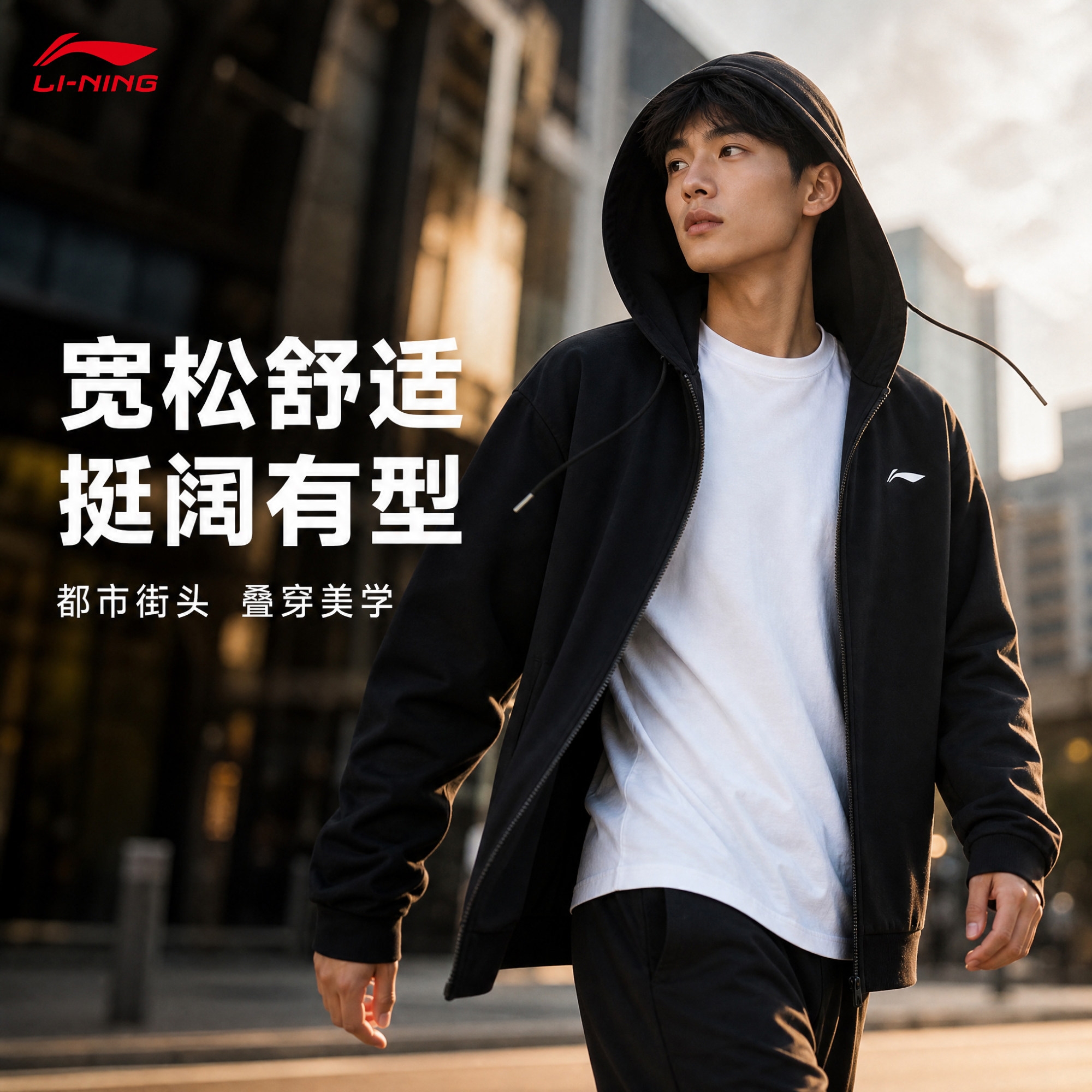 李宁男士连帽拉链透气运动外套图片