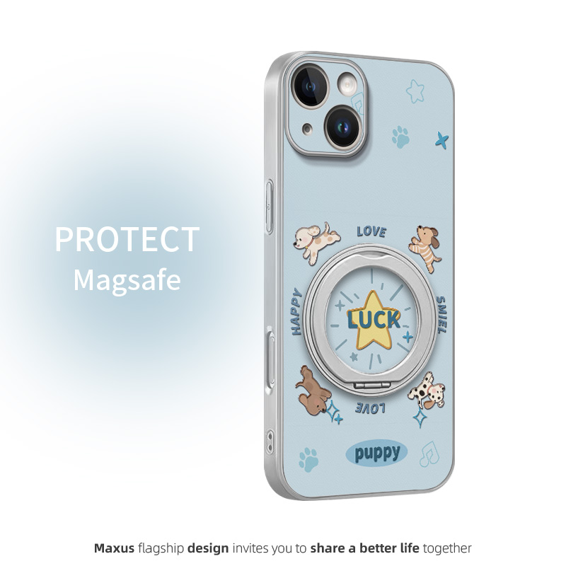 奔跑小狗适用苹果15手机壳新款17pro卡通iPhone17高级苹果13磁吸支架苹果11Pro皮纹全包防摔壳