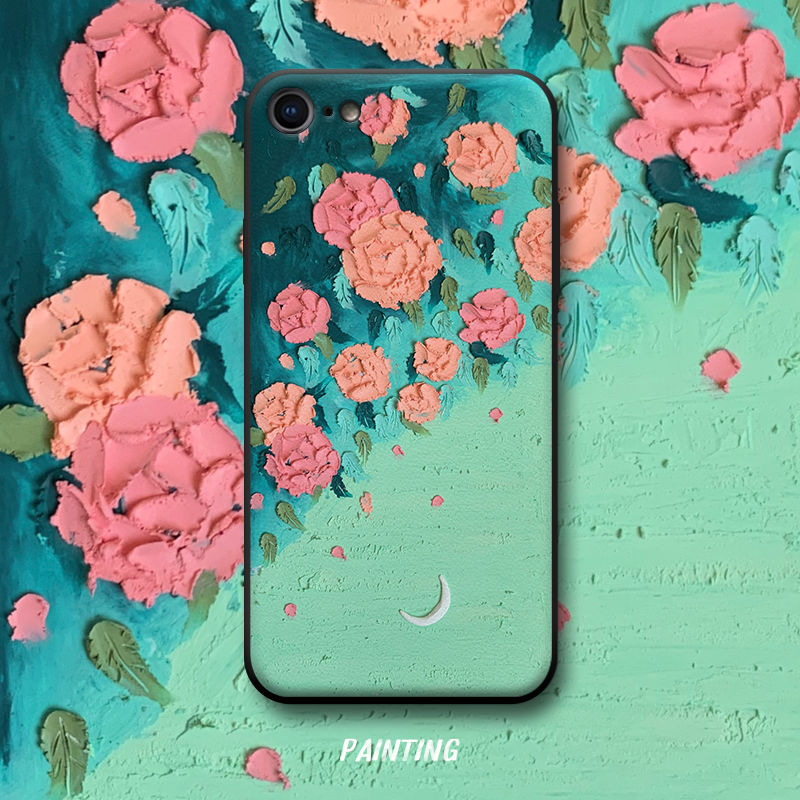 花湖苹果8手机壳8plus油画花朵适用于7创意时尚女款新品皮纹潮壳7plus镜头全包保护套