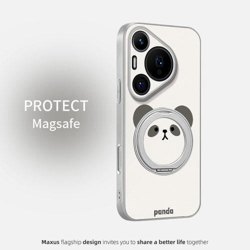 圆脸熊猫适用华为pura70手机壳pura70pro新款卡通pura80pro高级p60pro磁吸支架p50pro皮纹支点壳p40全包防摔