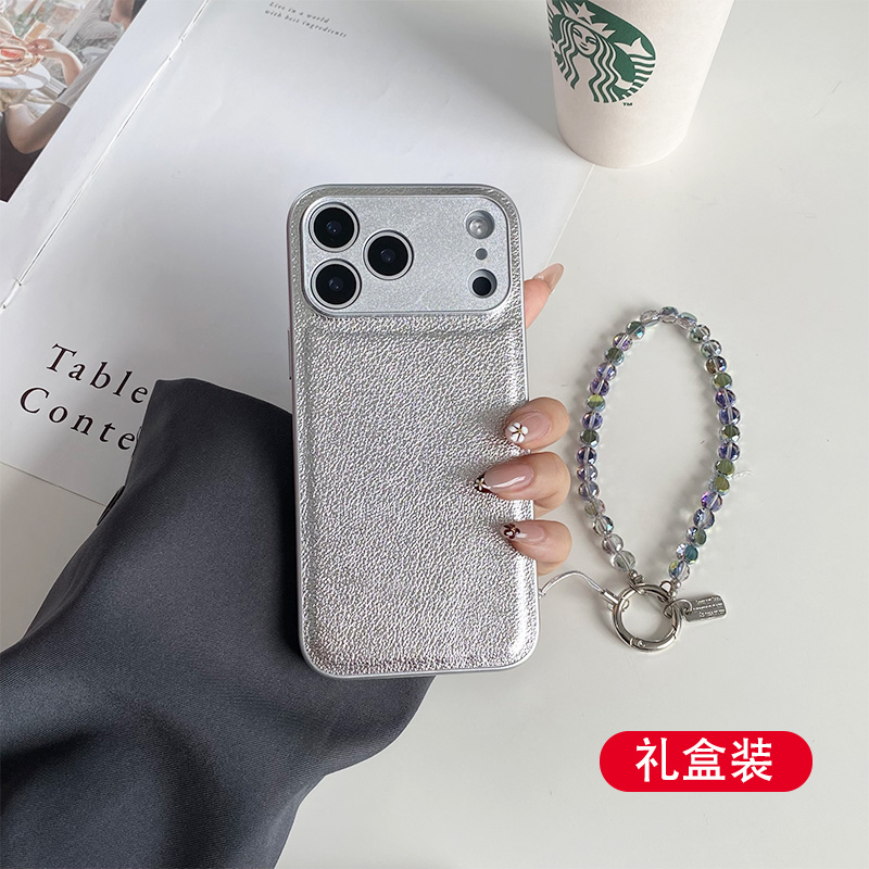 适用于苹果17ProMax手机壳新款iPhone17Pro高端女款荔枝纹iPhone17银色挂件皮纹防摔保护壳