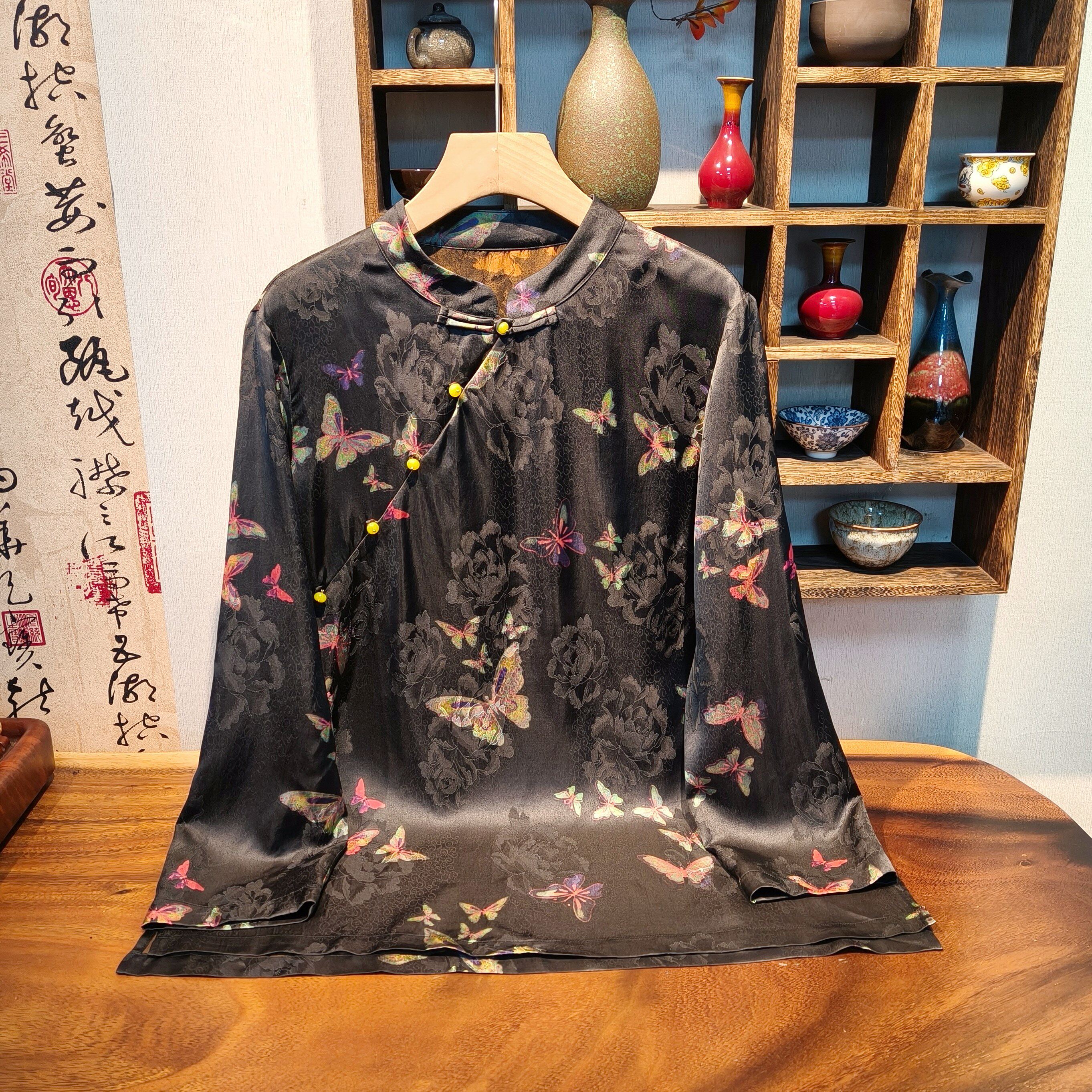 YUEZHE新中式气质百搭人丝香云纱提花上衣2026春款国风重磅长袖