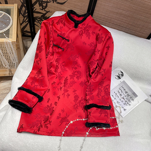 新中式重工刺绣仿水貂毛红色新年上衣女2023冬季新款国风加绒打底