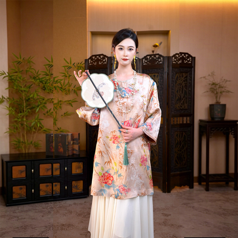 YUEZHE 新中式夏季新款提花中长款百搭旗袍薄款宽松气质上衣