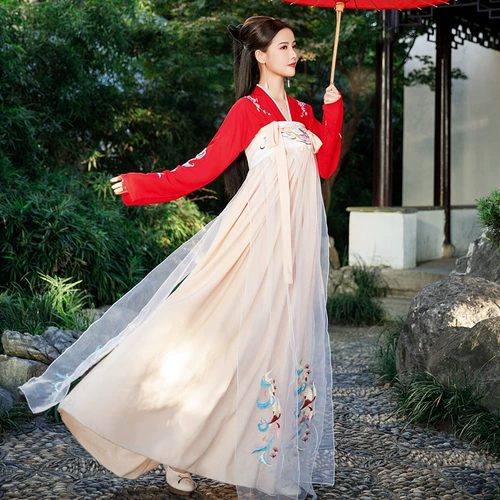 Ханфу Женская Юбка Ци -грудь, элегантный супер бессмертный газовый костюм Полный комплект системы тан с китайским стилем ежедневно носить весеннюю подлинную