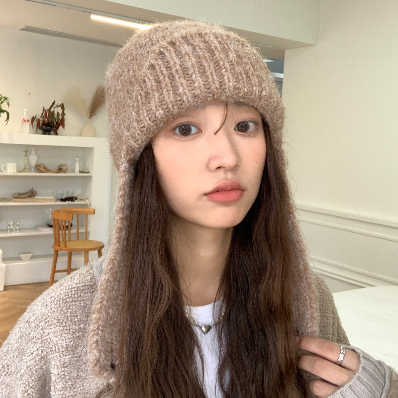 美拉德毛线帽子女秋冬兔毛针织纯色百搭显脸小加绒加厚保暖护耳帽