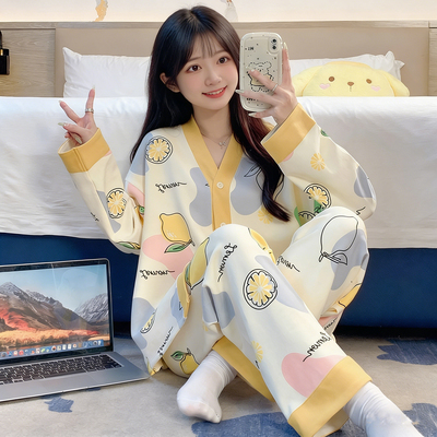 春秋棉质V领开衫睡衣女套装