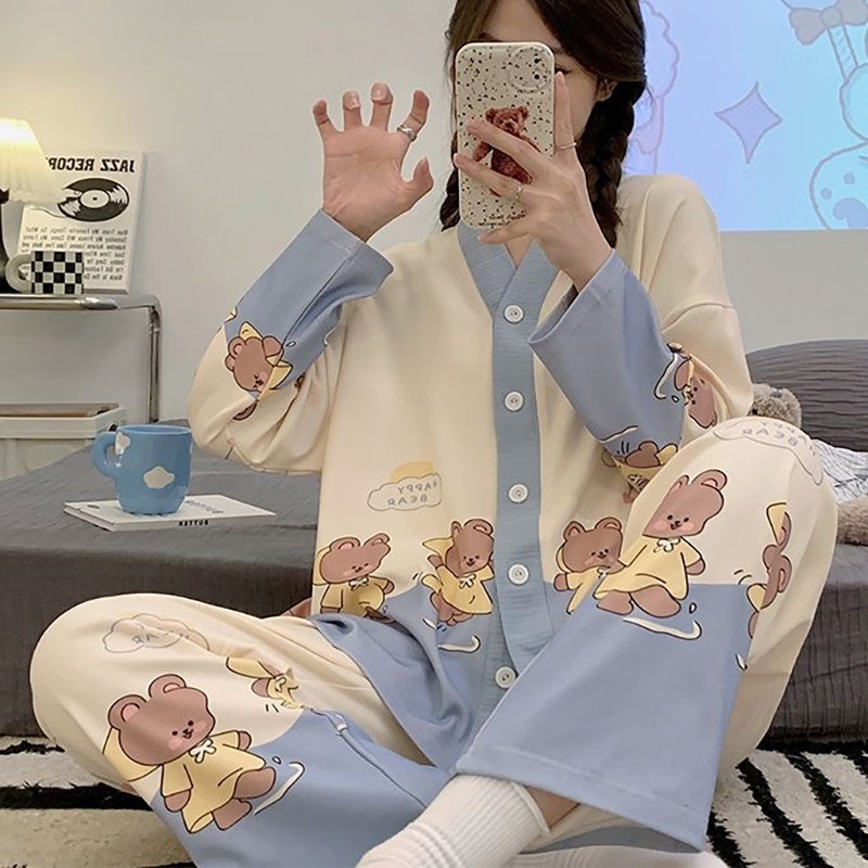 睡衣女春秋季棉质软萌小熊学生长袖开衫宽松V领套装ins风家居服