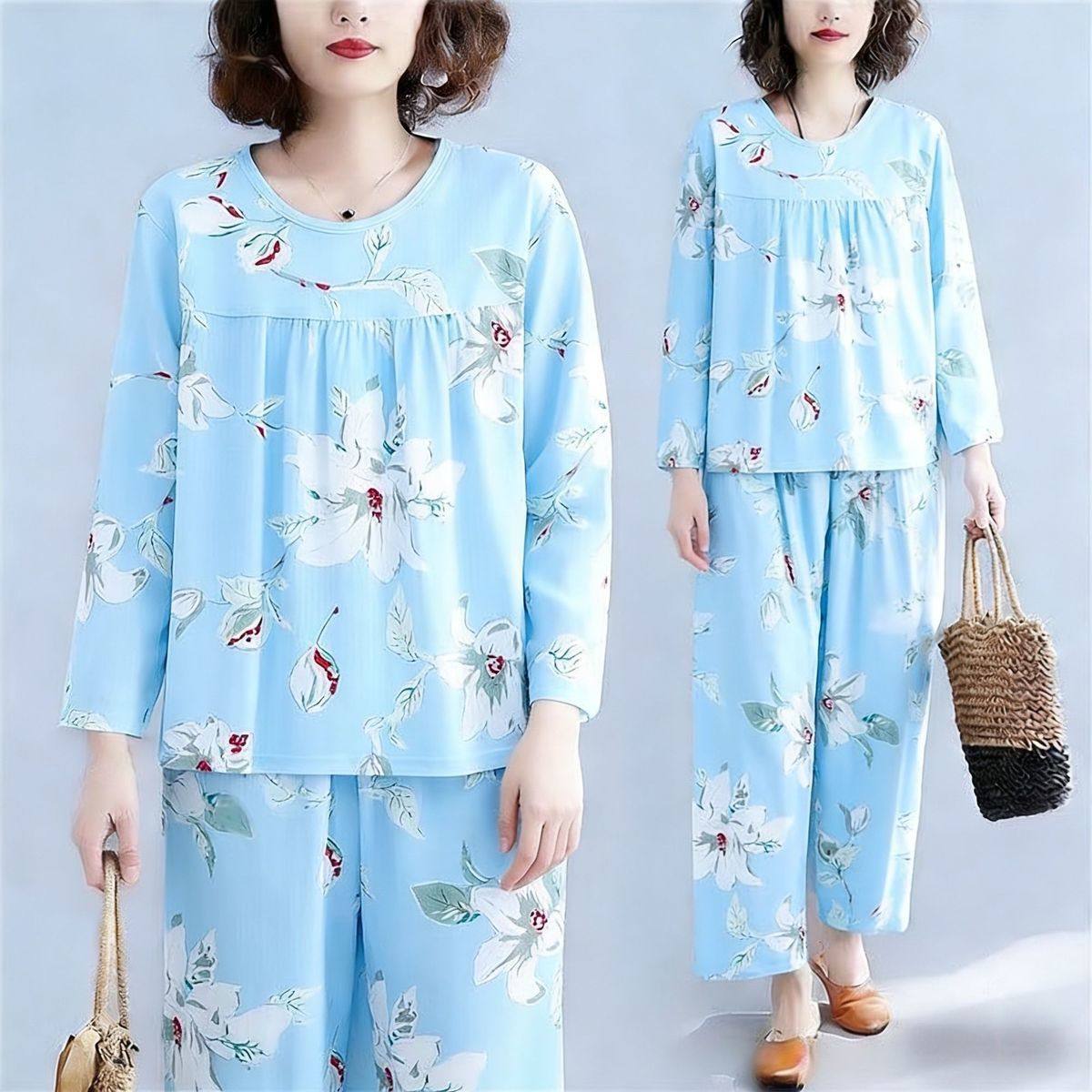 春秋季睡衣女士中老年妈妈款长袖薄款夏清新显瘦云朵棉家居服套装