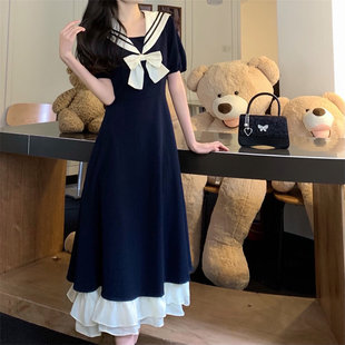 大码微胖mm夏季海军领短袖连衣裙女装学院风收腰长裙学生礼服裙子