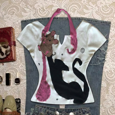 美式复古vintage猫咪老鼠印花短袖T恤女夏季甜辣修身显瘦短款上衣