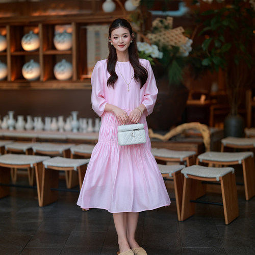 温柔风中袖宽松遮肉娃娃裙