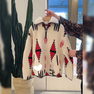 秋冬氛围感利器~城市游牧风半拉链印花羊羔绒毛衣女慵懒风外套