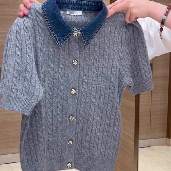 撞色POLO领羊毛针织开衫女宽松