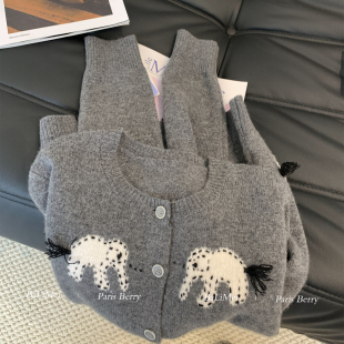 韩系少女感慵懒风设计感小象提花毛衣女秋冬超好看针织开衫 上衣