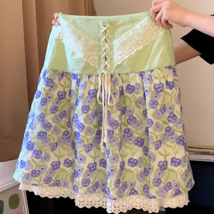 蕾丝边蝴蝶礼结小碎花高腰显瘦a字裙超仙女小清新绿色碎花短裙子