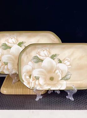 复古山茶花陶瓷鱼盘家用大号蒸鱼盘长方形式鱼盘微波炉烤箱可用