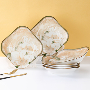 山茶花陶瓷方盘如意盘正方形盘子家用菜盘深盘凉菜盘冷菜盘