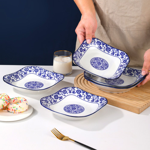 深盘陶瓷家用四方行青花瓷釉下彩