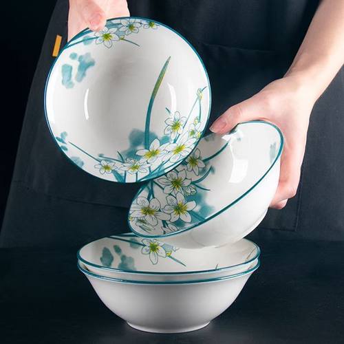 水仙花6英寸斗碗家用陶瓷面碗喝粥碗斗笠碗釉下彩餐具