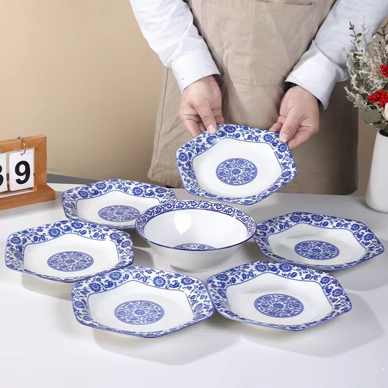 7件套中式青花瓷缠枝莲家用陶瓷拼盘套装炒菜盘子碗六角盘,餐饮具,盘,淘宝优惠券,粉丝福利购,淘宝优惠卷
