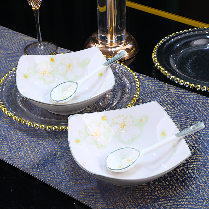 黄金叶四角盘子菜盘家用釉下彩简约陶瓷异形翘脚碗凉菜汤碗沙拉碗