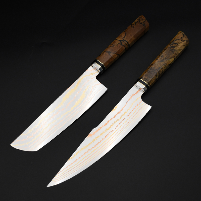 大马士革钢三色铜日式3V粉末钢刀