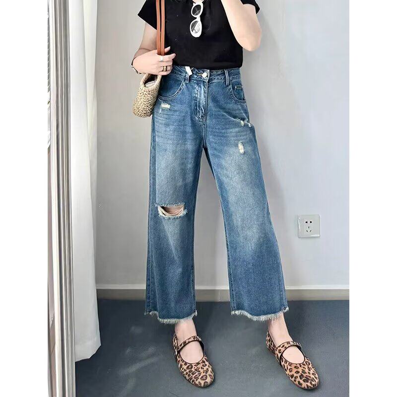 美式破洞毛边直筒牛仔裤女宽松显瘦大码梨型身材小个子九分阔腿裤