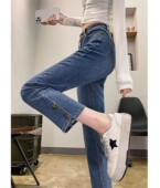 女显瘦遮腿粗弹力九分裤 小个子工装 风大码 直筒牛仔裤 高腰烟管裤 子