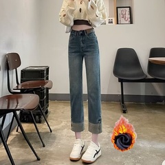 2024秋冬加绒复古卷边直筒牛仔裤女高腰弹力小个子烟管裤九分裤子