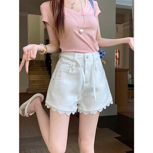 包臀a字热裤 女学院风甜辣少女蕾丝花边宽松显瘦大码 白色牛仔短裤