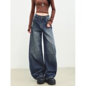 弯刀牛仔裤 女宽松显瘦拖地长裤 大码 美式 遮肉松弛感镰刀廓形阔腿裤