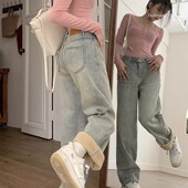 女秋冬厚款 宽松显瘦小个子长裤 高腰窄版 加绒浅色牛仔裤 阔腿直筒裤