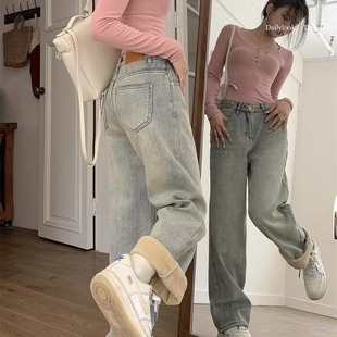 阔腿直筒裤 加绒浅色牛仔裤 高腰窄版 宽松显瘦小个子长裤 女秋冬厚款