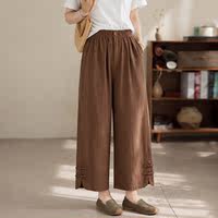 Cotton and linen women's summer 9-inch pants, loose, large-sized, thin, elastic waist, button-up, versatile, casual, straight-leg wide-leg pants thumbnail 3