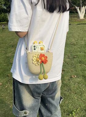 彼岸花草编包手机斜挎 迷你编织口巾包可放手机零钱包