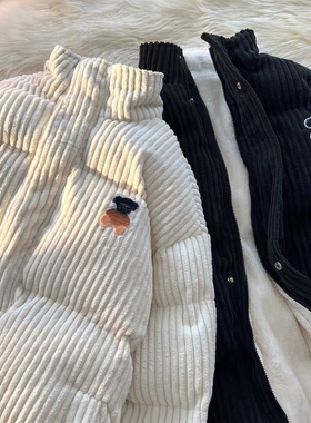 粗条纹灯芯绒棉服男女冬季潮加厚加绒羊羔绒棉衣oversize小熊外套