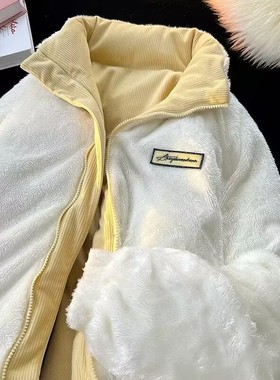 灯芯绒黄色双面穿抽绳棉服女冬季棉袄加厚羊羔绒棉衣外套男小个子