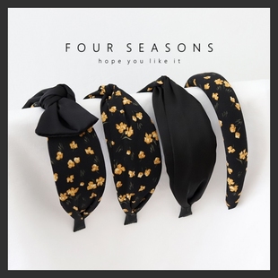 复古法式 碎花头箍增高颅顶发饰黑色海绵蝴蝶结发箍港风气质头饰品