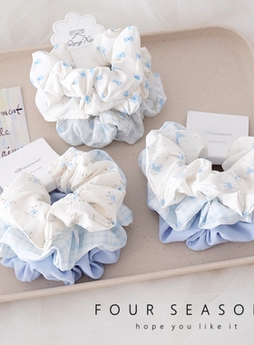 小清新蓝色碎花大肠发圈春夏发绳头花格子蝴蝶结头绳发饰皮筋头饰