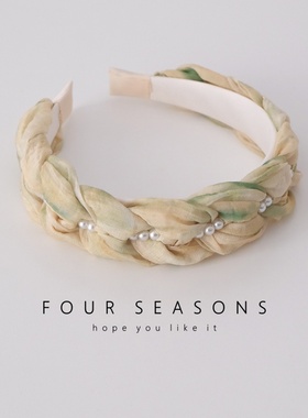 超仙森系唯美晕染头箍黄绿色珍珠辫子发箍清新田园风度假拍照头饰