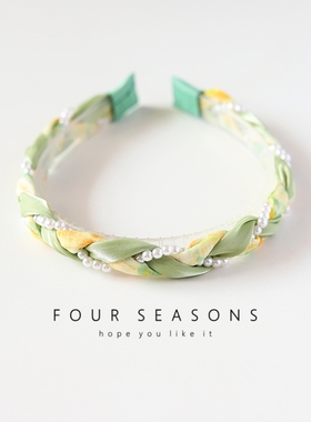 森系田园绿色辫子发箍晕染丝光欧根纱珍珠编织麻花头箍带齿压发卡